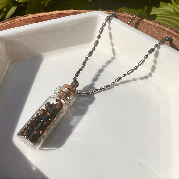 Glass Bottle Pendant Necklace with Brown Crystal Beads 18” Silver Tone Chain - Picture 4 of 8